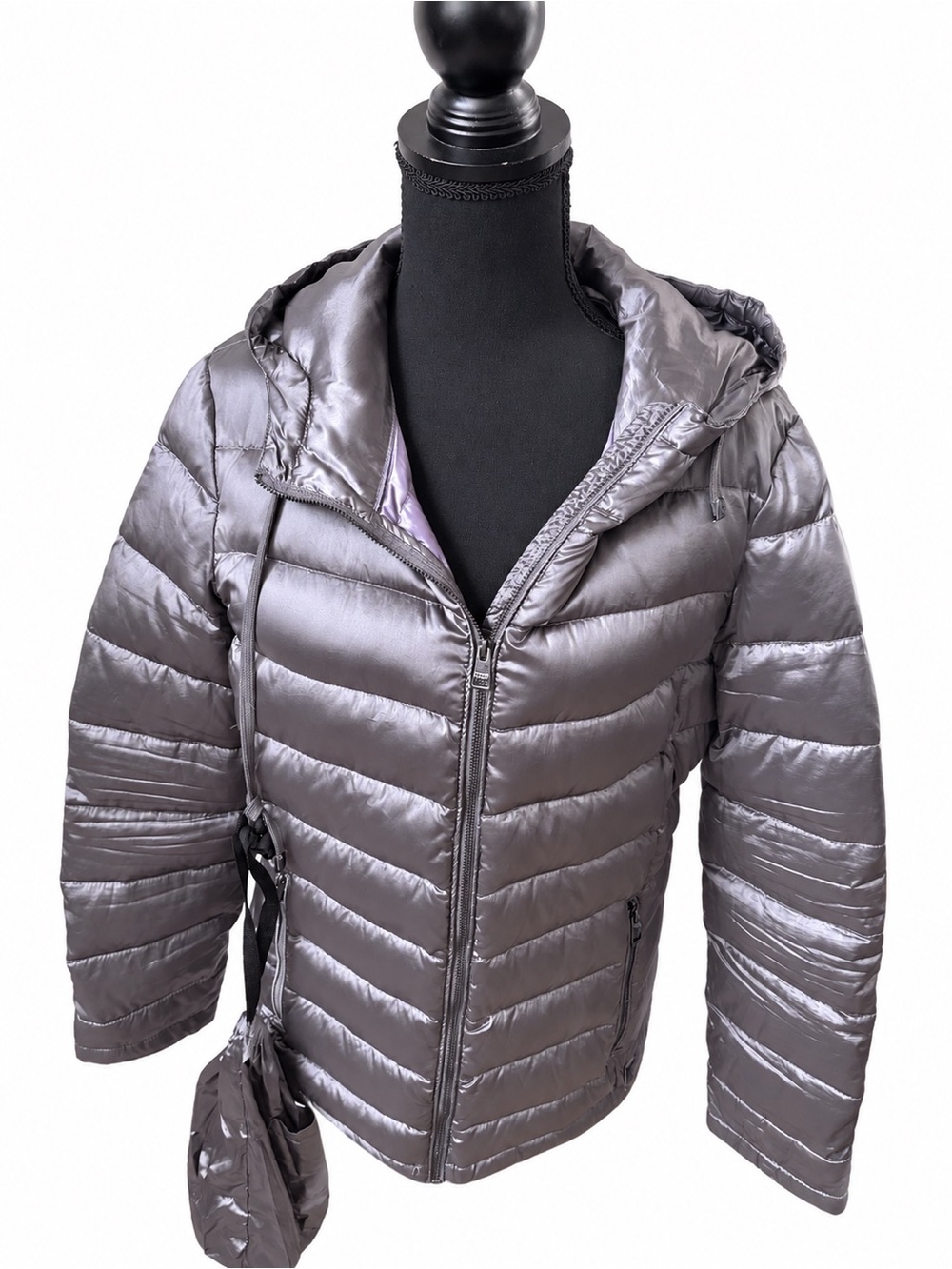 Andrew Marc Metallic Packable Premium Down Hooded Puffer w/ Pouch